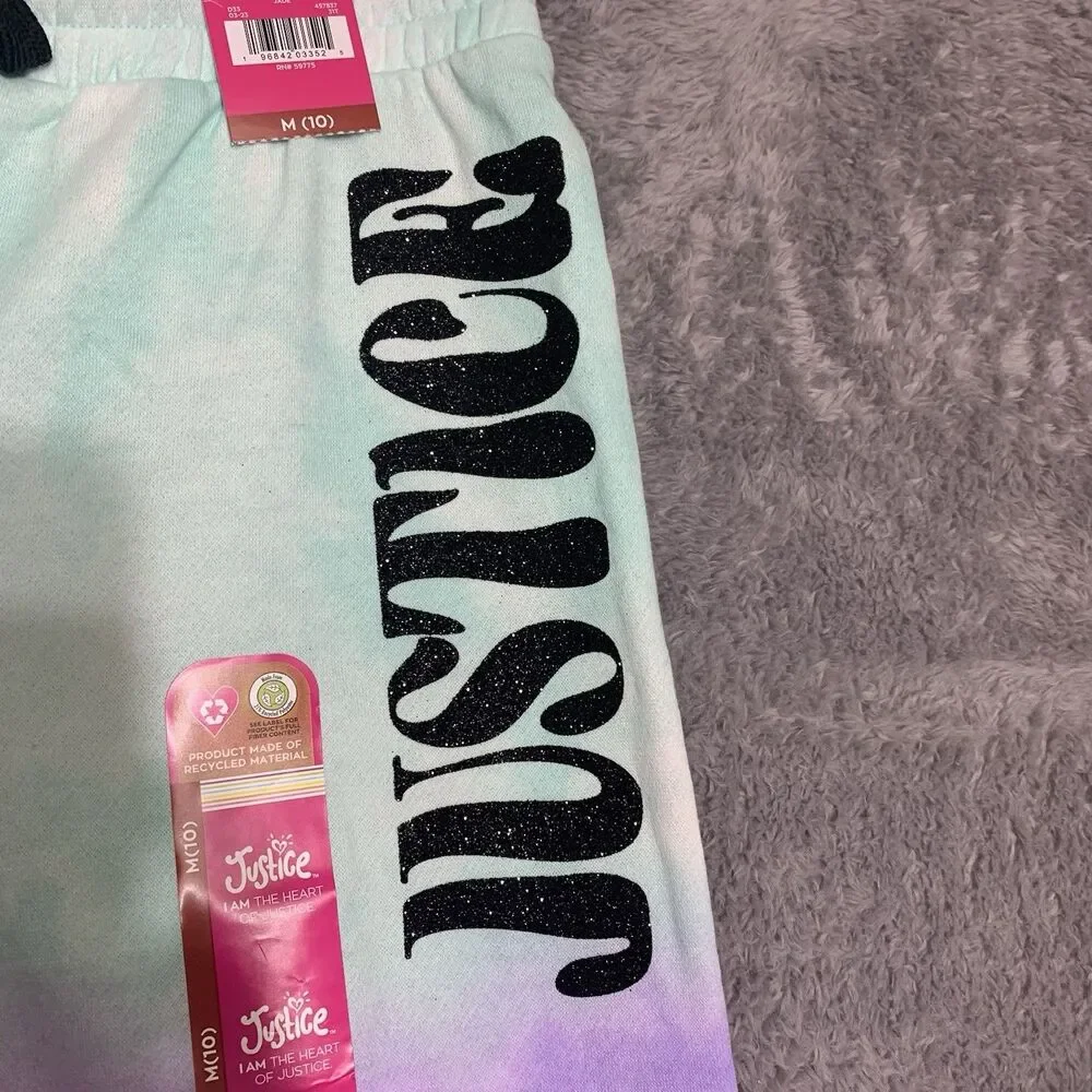 Justice‎ Joggers Girls Size 10 Green Purple Tie Dye Glitter Logo Sweatpants NEW